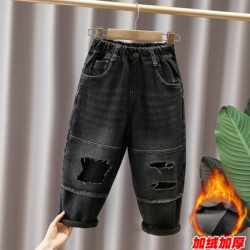 

Children's Boys' 2025 New Style Boys' Denim Fleece-Lined Warm Pants