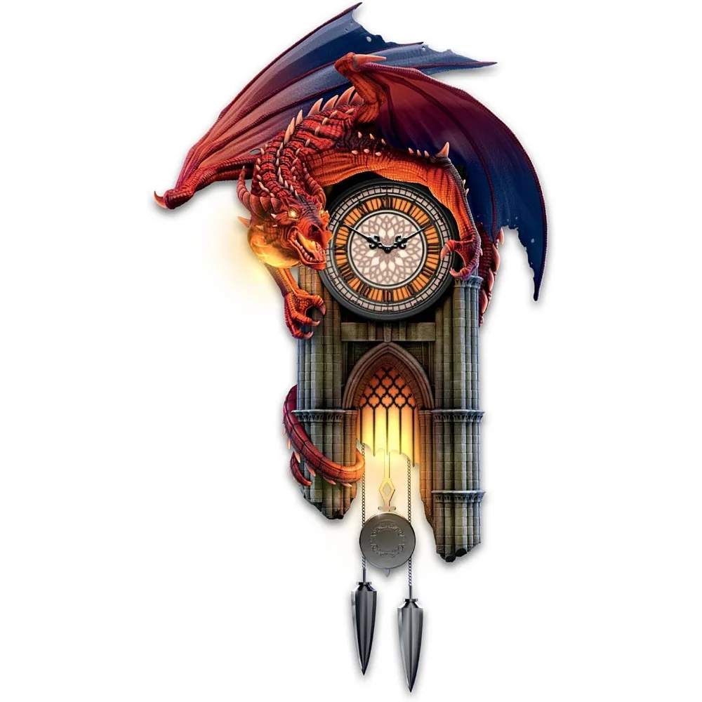 

Sculptural Dragon Wall Clock with Gothic Cathedral Case Lights Up and Roars