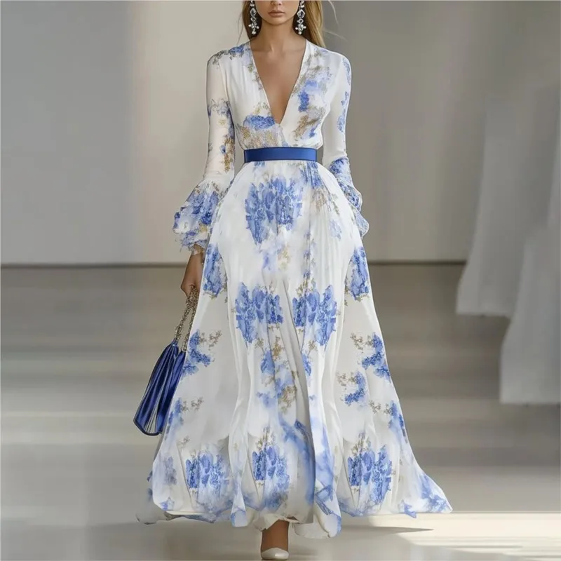 

Elegant Chic Blue Floral Print Boho Long Dresses Spring Butterfly Sleeve High Waist Prom Dress Sexy V Neck Vacation Maxi Dress