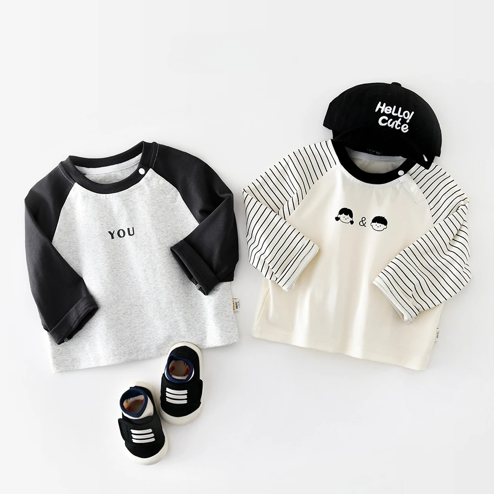 Spring Children Bottom T-Shirt Kids Long Sleeved Boys Patchwork Tees Girls Autumn Fashion Letter Pullover Baby Leisure Outerwear