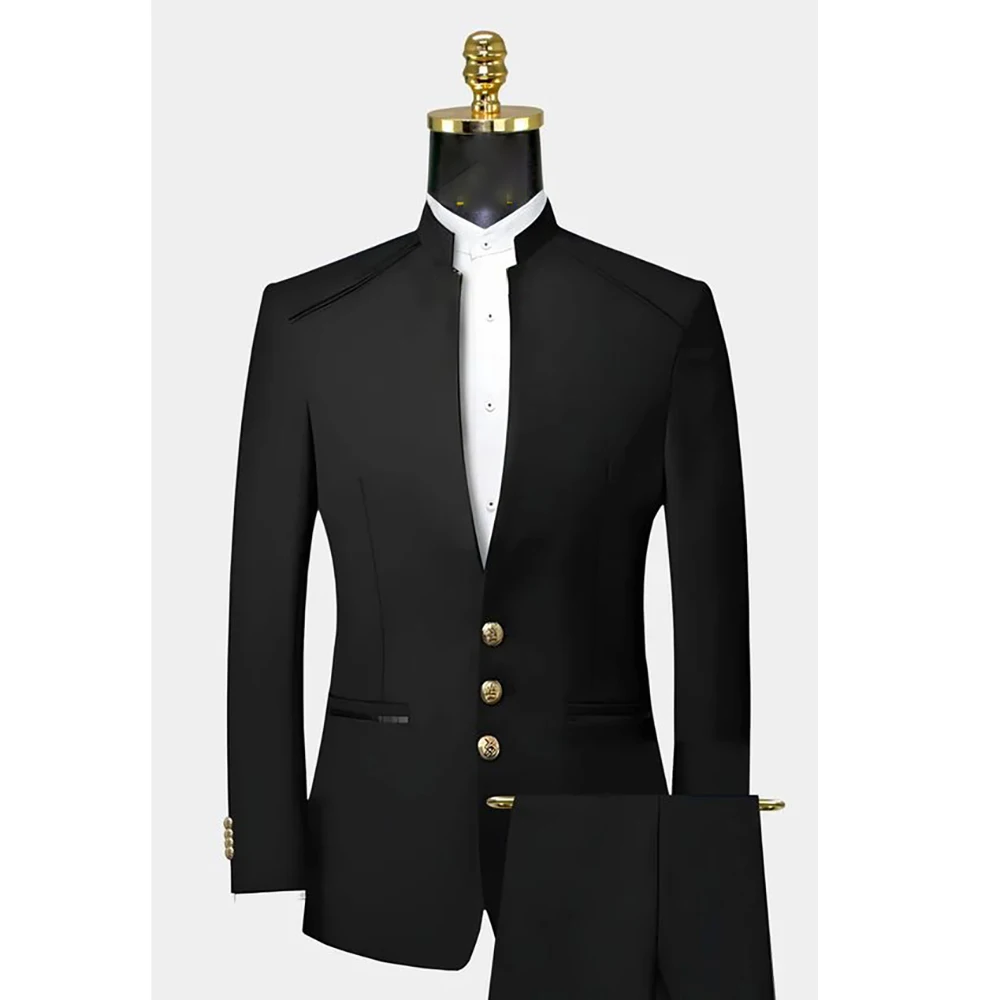 

Luxury Black Men's Suits Single Breasted Stand Lapel Foraml Outfits Elegant Business Terno 2 Piece Jacket Pants Slim Fit Set
