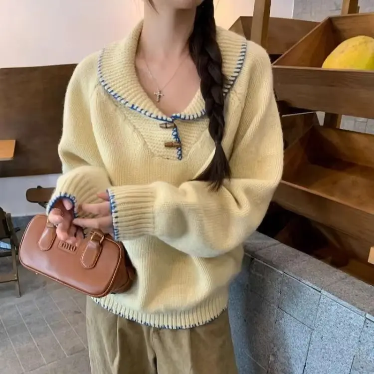 

Knitted Sweater Gentle Wind Lapel Soft Waxy Yellow Sweater Women'S Autumn And Winter Korean Style Loose Lazy Long Sleeve Top