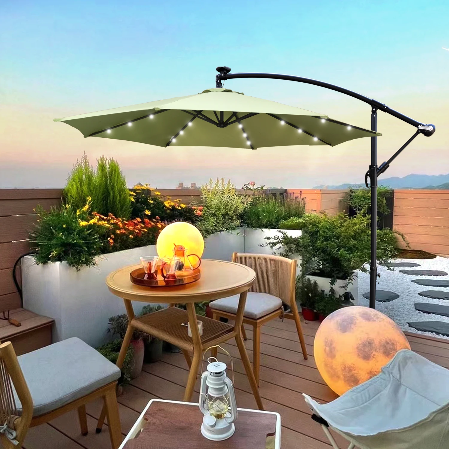 

10 ft Outdoor Patio Umbrella Solar Powered LED Lighted Sun Shade Market Waterproof 8 Ribs Umbrella with Crank and Cross Base for