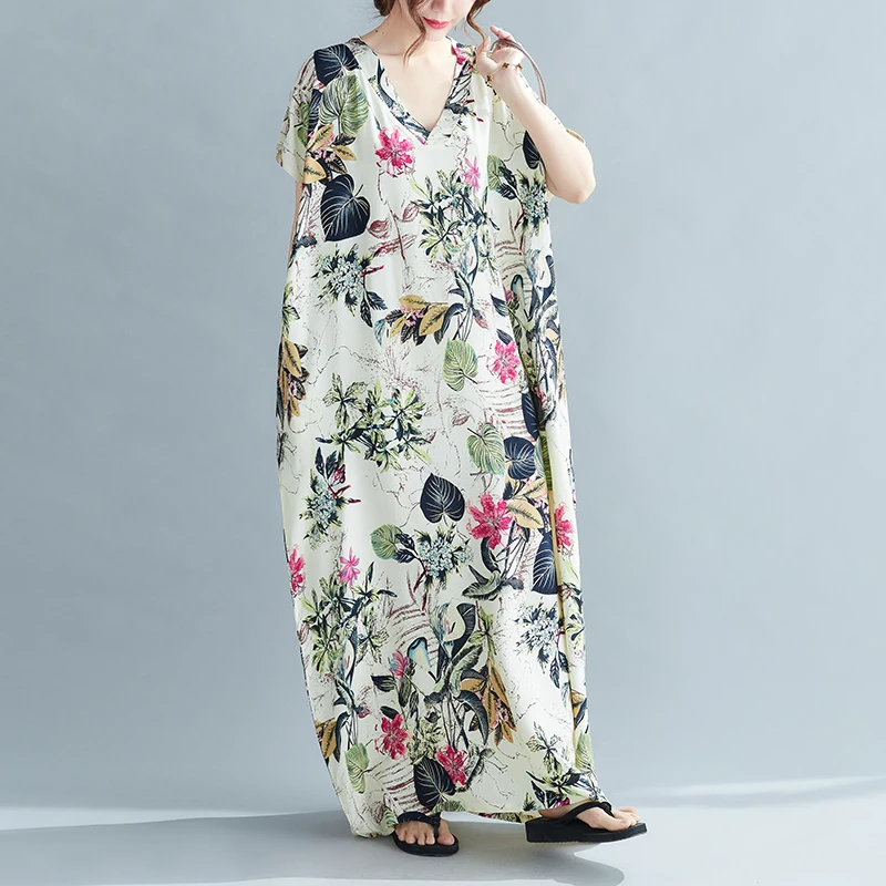 Floral Print Long Robe Summer New V-ne Loose Dr Knee-length Ethnic Sle Women's Clothing Commute Artistic Loose Waist