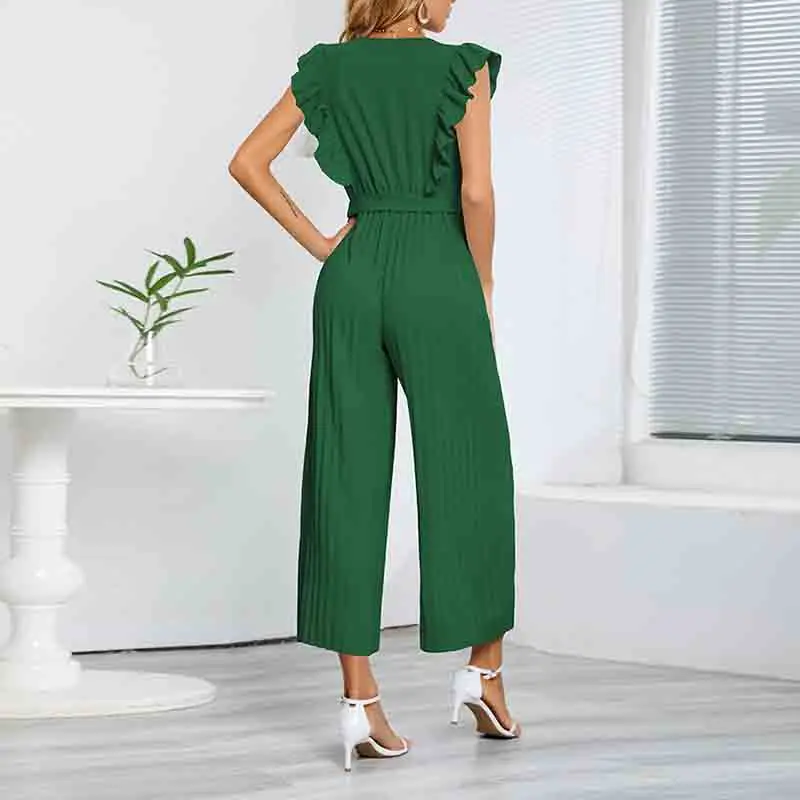 Sexy Slim Fit Jumpsuit High Waist Sleeveless Rompers Summer New 2024 Lotus Leaf V-neck Pleated Wide Leg Skirt Pants for Women