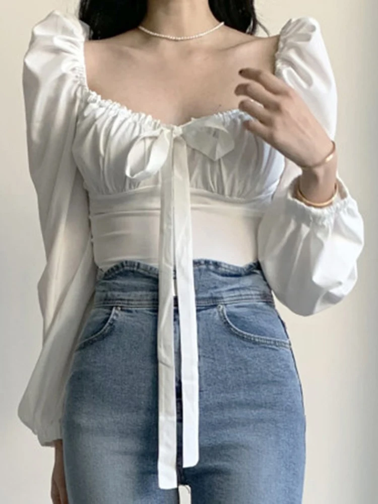 

Ele ort Bubble Sve Square Collar White irt Women's Faionable Spring Pure Desire Top Korean Sle Commute Wind