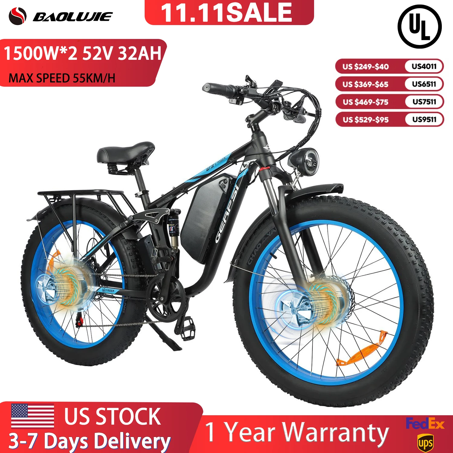 

【1-летняя гарантия】Электрический велосипед BAOLUJIE 2603 Ebike 26 дюймов, горный электрический велосипед с толстыми шинами, 3000 Вт, электронный велосипед со съемной батареей