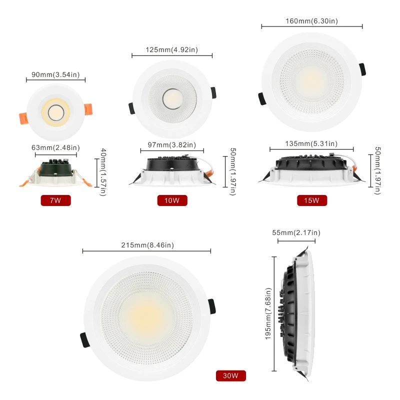 LED Downlight 7W 10W 15W 30W COB Lamp AC 220V-240V Spotlight Recessed Round Panel Light Indoor Lighting Down Light with Driver