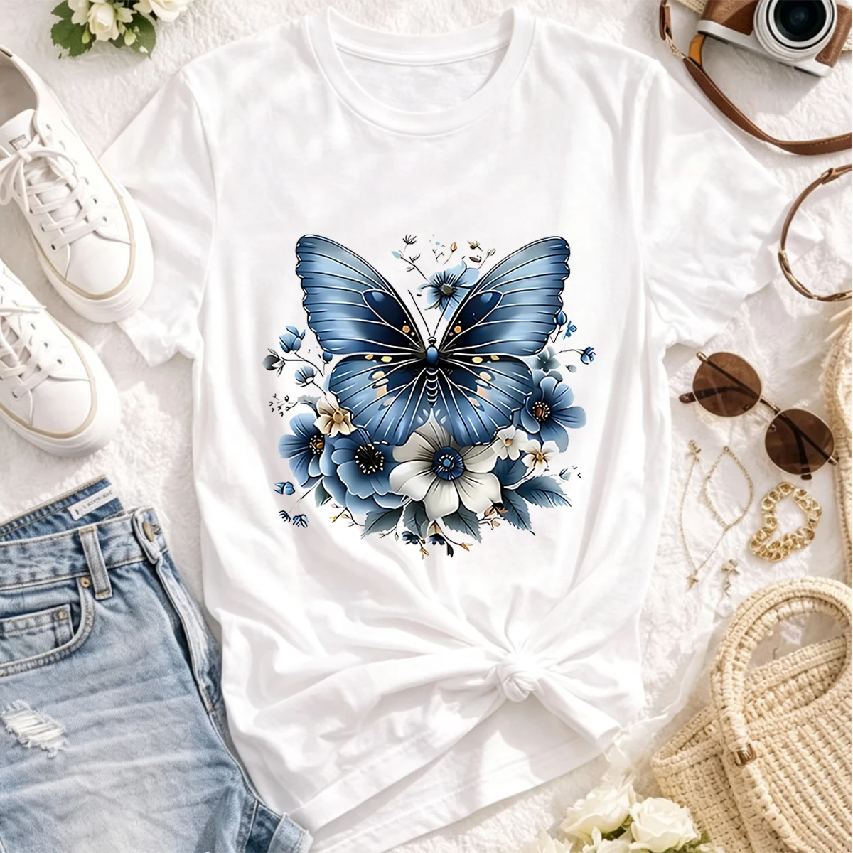 Vintage Blue Butterfly Navy Floral Leaf Graphic Plus Size Women 100% Cotton Soft Loose Crew Neck Short Sleeve T-Shirt For Spring Coquette Floral Daily Tops