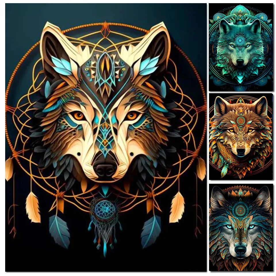 Diamond Painting Wolf Dreamcatcher DIY Full Diamond Embroidery Mandala Animal Mosaic Cross Stitch Rhinestones Home Decor V637