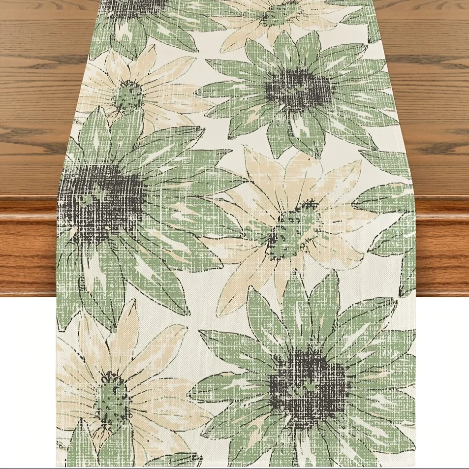 JIT Green Sunflower Table Runner 2D Flat Print Rustic Home Decor Dining Table Cloth Stylish Functional Natural Farmhouse-Themed