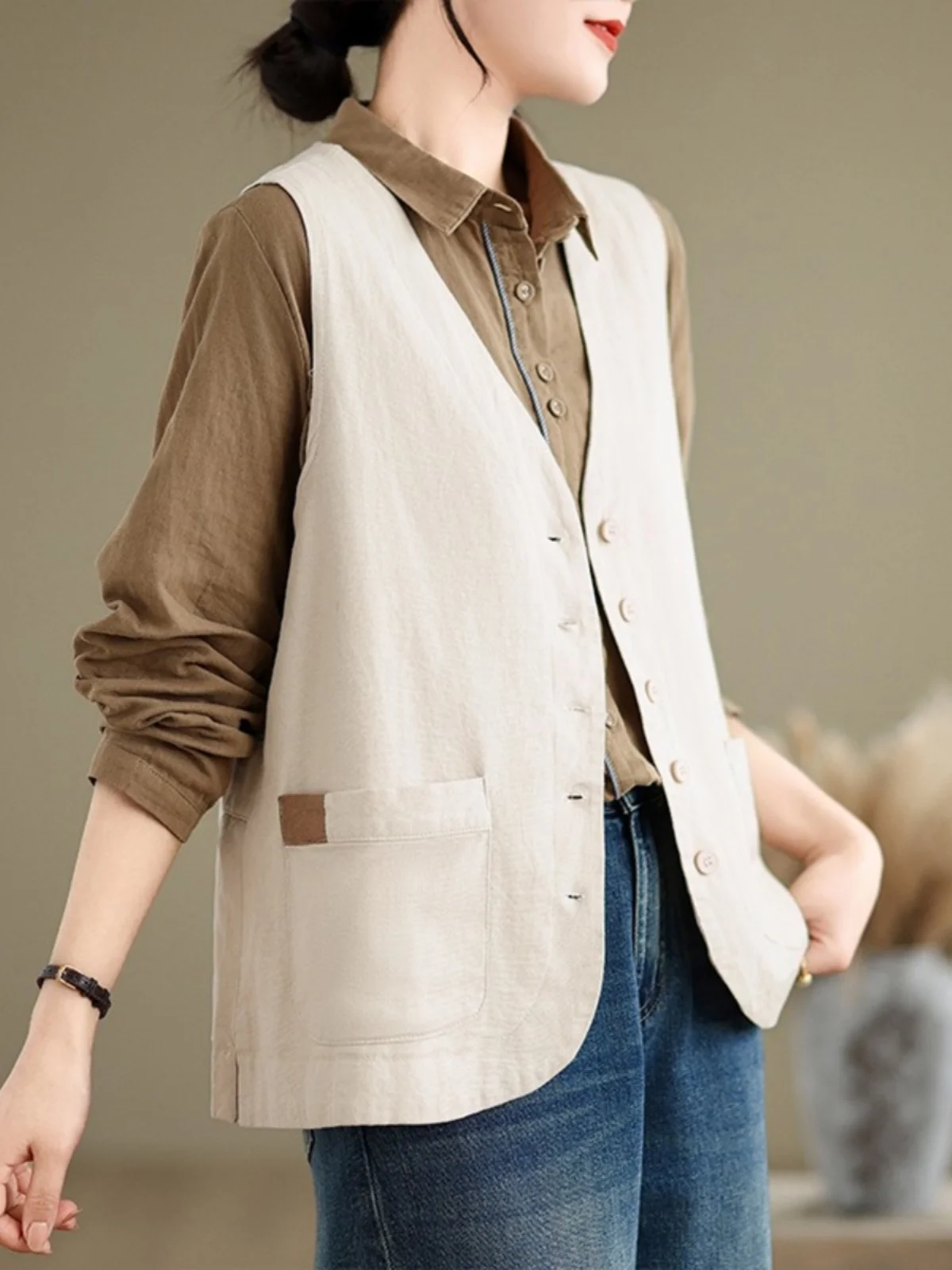 

Retro Cotton Linen Vest Women's Summer Thin Loose Casual Layered V-ne Can oulder Linen Vest Top Commute Sle ket Detail