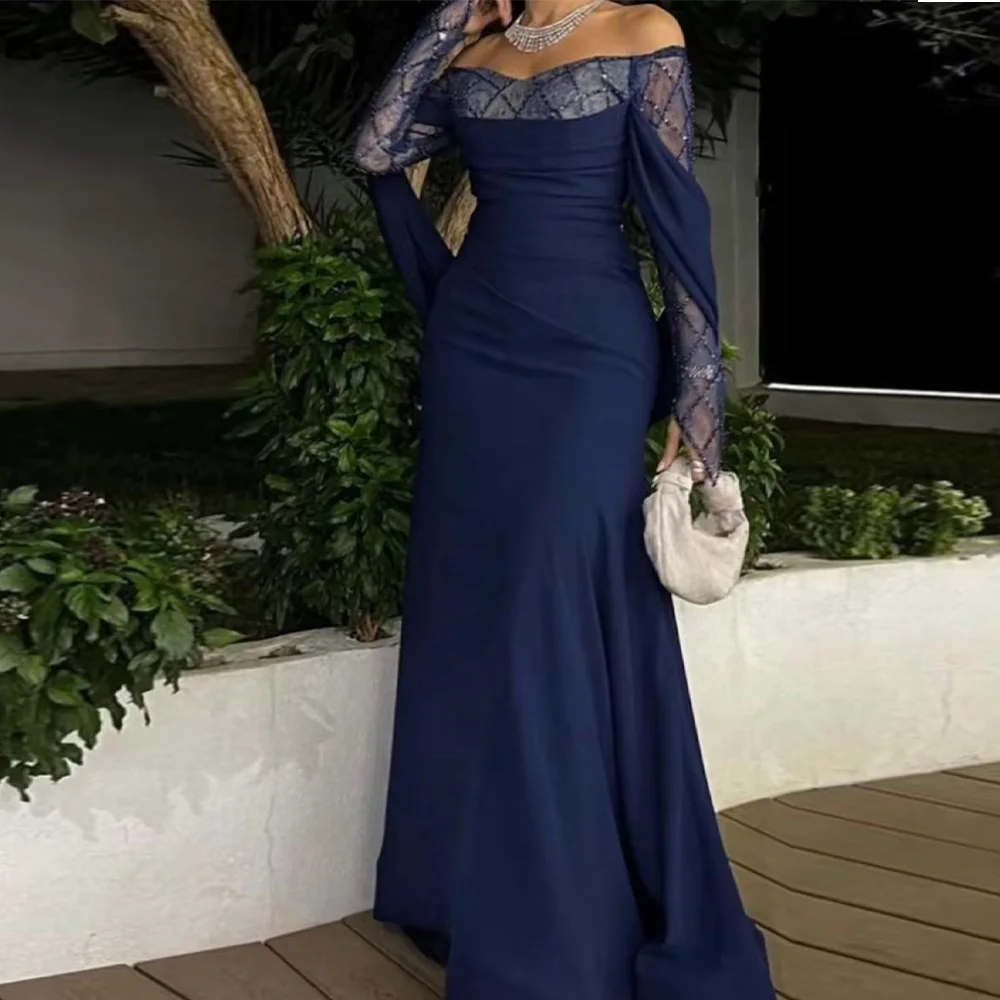 

Customized Delicate Crystal Off The Shoulder Satin Evening Dress Modern Straight Floor Length Boat Neck Long Sleeves Prom Dress