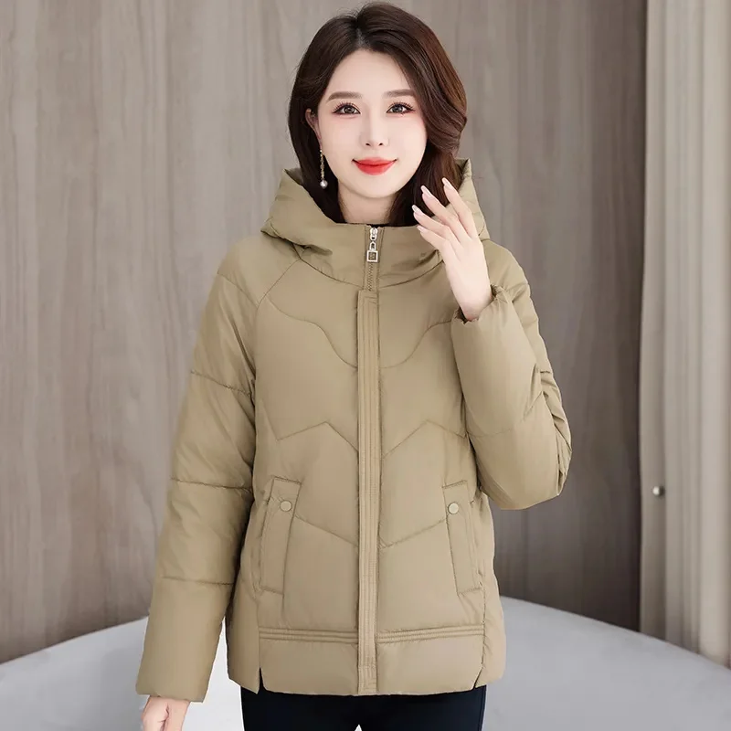 Winter Down Cotton Jacket 2024 New Hooded Thicken Women's Clothes PU Leather Coat Solid Colour Fashion Female Parkas Outeawer