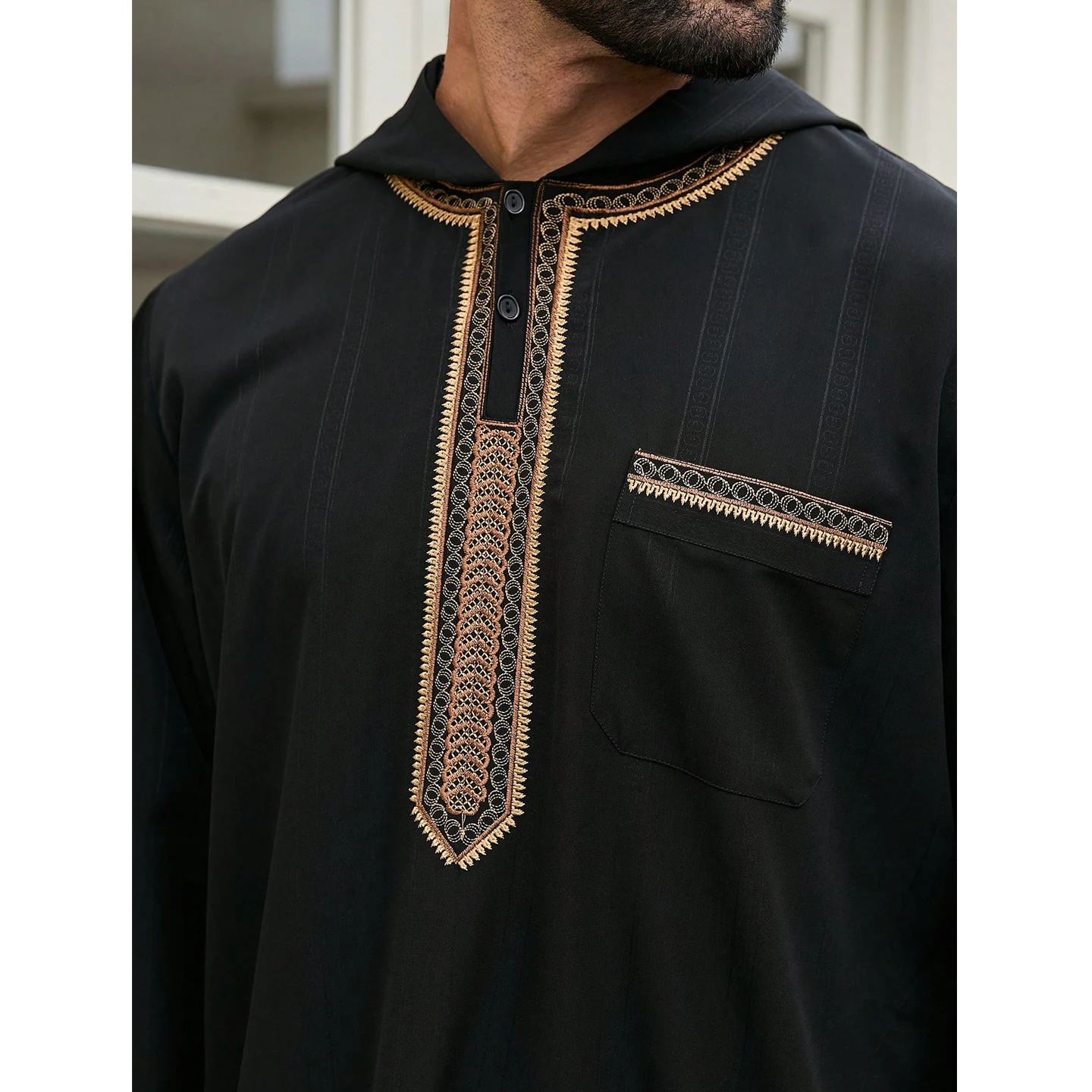 Moroccan men's thobe long sleeve embroidered hooded Muslim men's abaya Islamic loose Jelleba Saudi Arabian traditional clothing