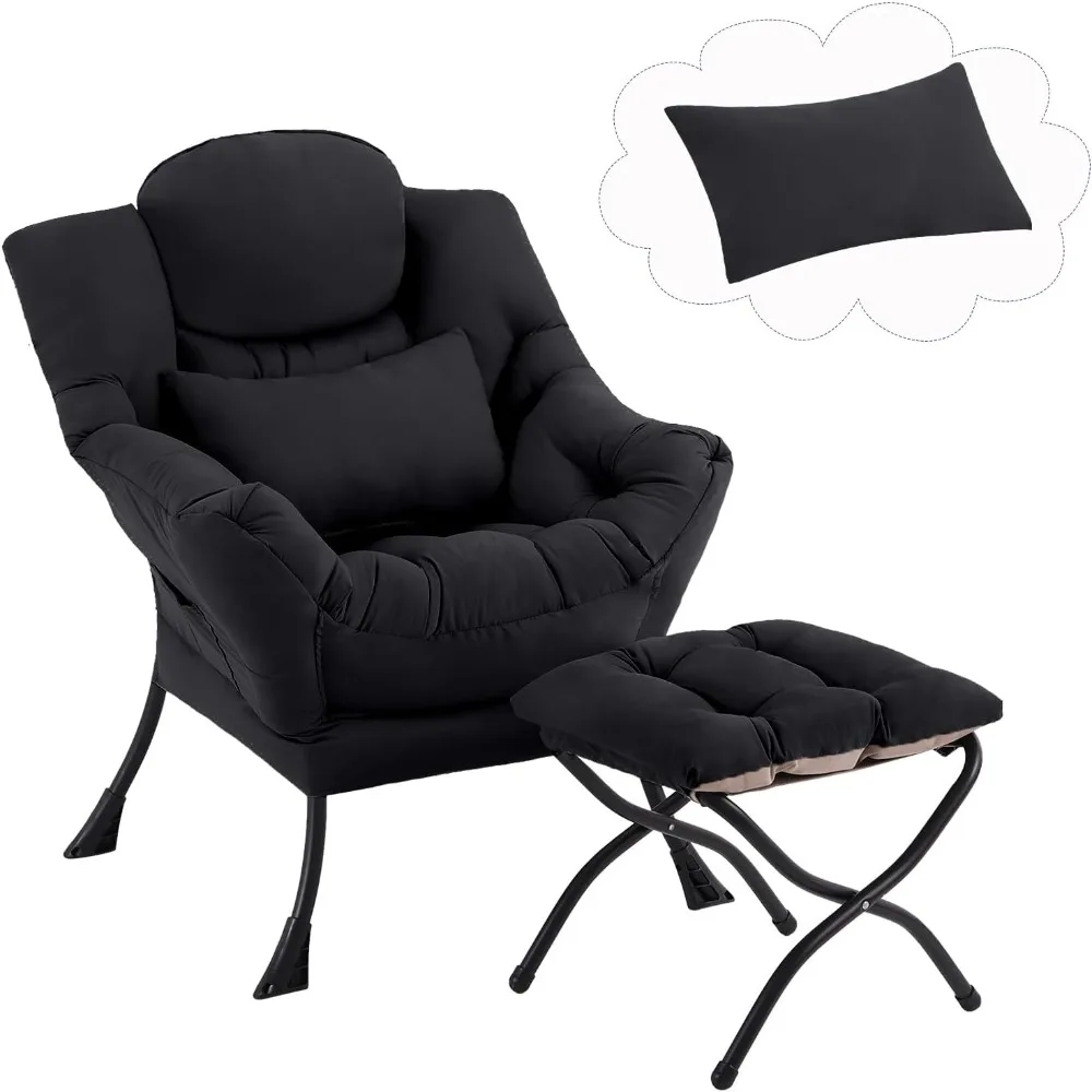 Lazy Chair with Ottoman, Comfy Fabric Accent Lounge Arm Chair with Lumbar Pillow and Folding Footrest, Reading Leisure Sofa Chai