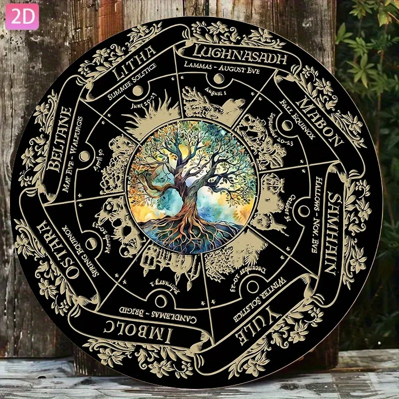Letrero de aluminio decorativo de pared vintage, plano 2D, con diseño de Placa de madera de la Rueda del Año (1 unidad), Símbolo Pagano de Mago, Festividad Wicca