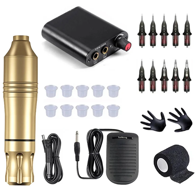 

A08F-Tattoo Kit Полный набор Беспроводная роторная тату-машинка Набор ручек Интерфейс постоянного тока с иглами Американская вилка