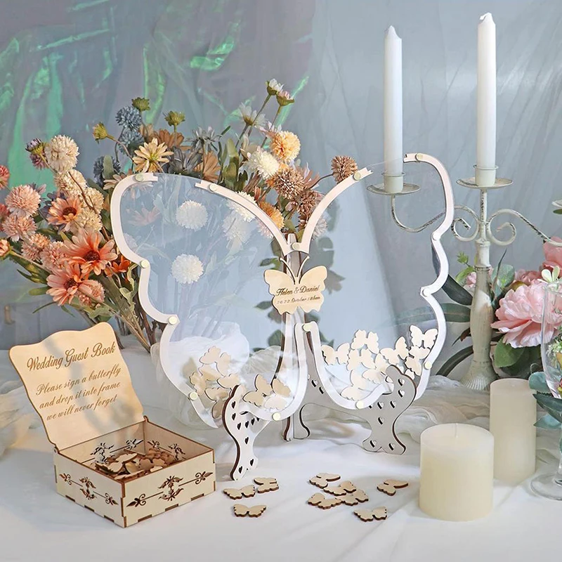 

White Wedding Guest Book Alternative For 40 Guests To 200 Guests, Drop Wooden Butterfly Frame With Small Butterflies