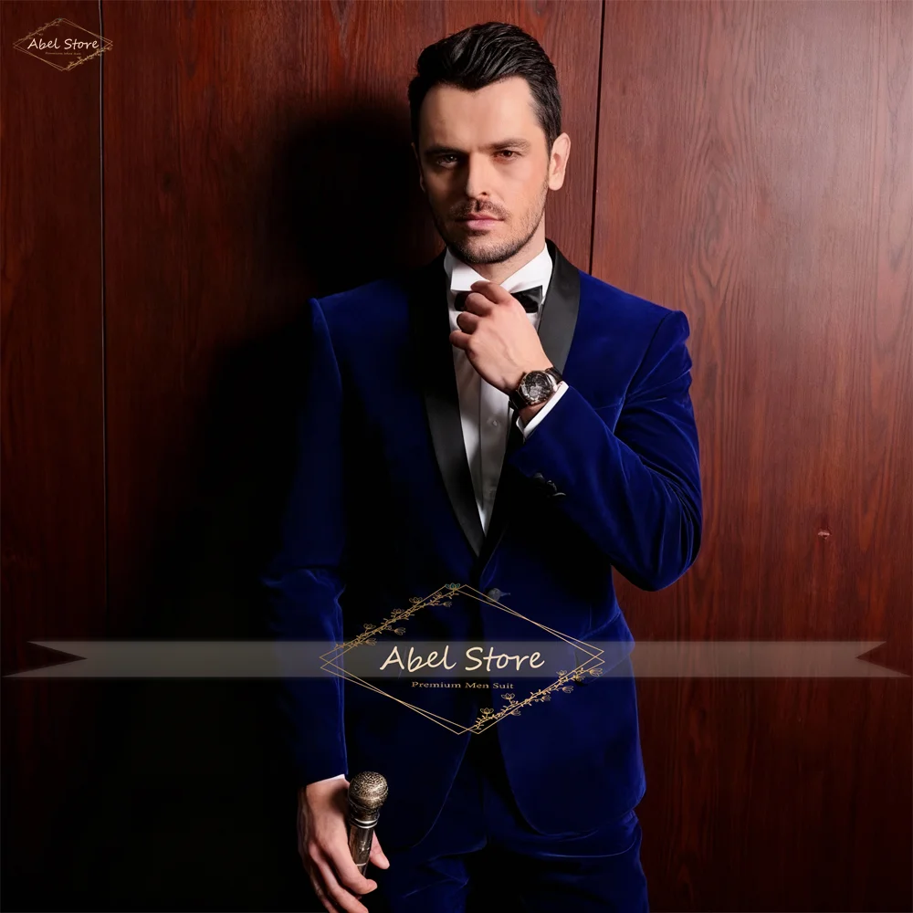 

Stylish Men's 2 - Piece Velvet Suit: Blazer with Black Satin Shawl Collar & Pants for Evening Party, Ceremony, Formal Gatherings