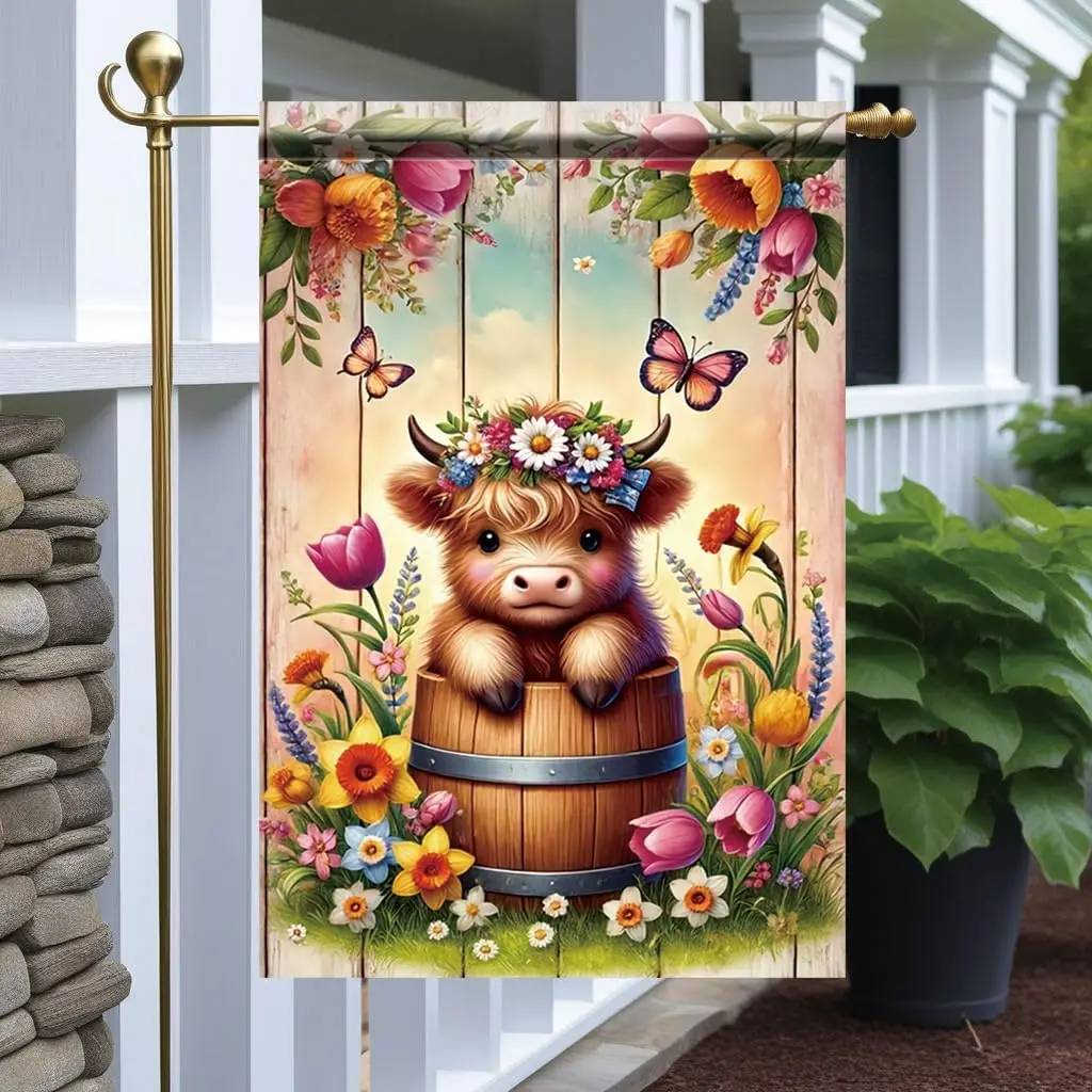 Highland Cow Garden Flag 12x18 Inch Double Sided Outdoor Yard Banner Cute Cow in Barrel with Flowers and Butterflies for Spr EEZ