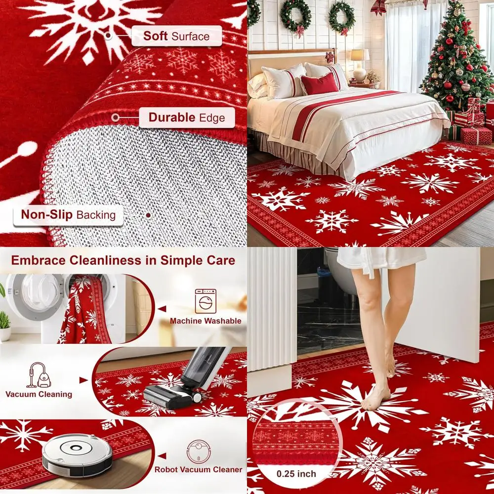 

Red Snowflake 3x5 Area Rug, Washable Living Room Carpet, Soft Faux Wool for Winter Bedrooms, Entryways, and Offices
