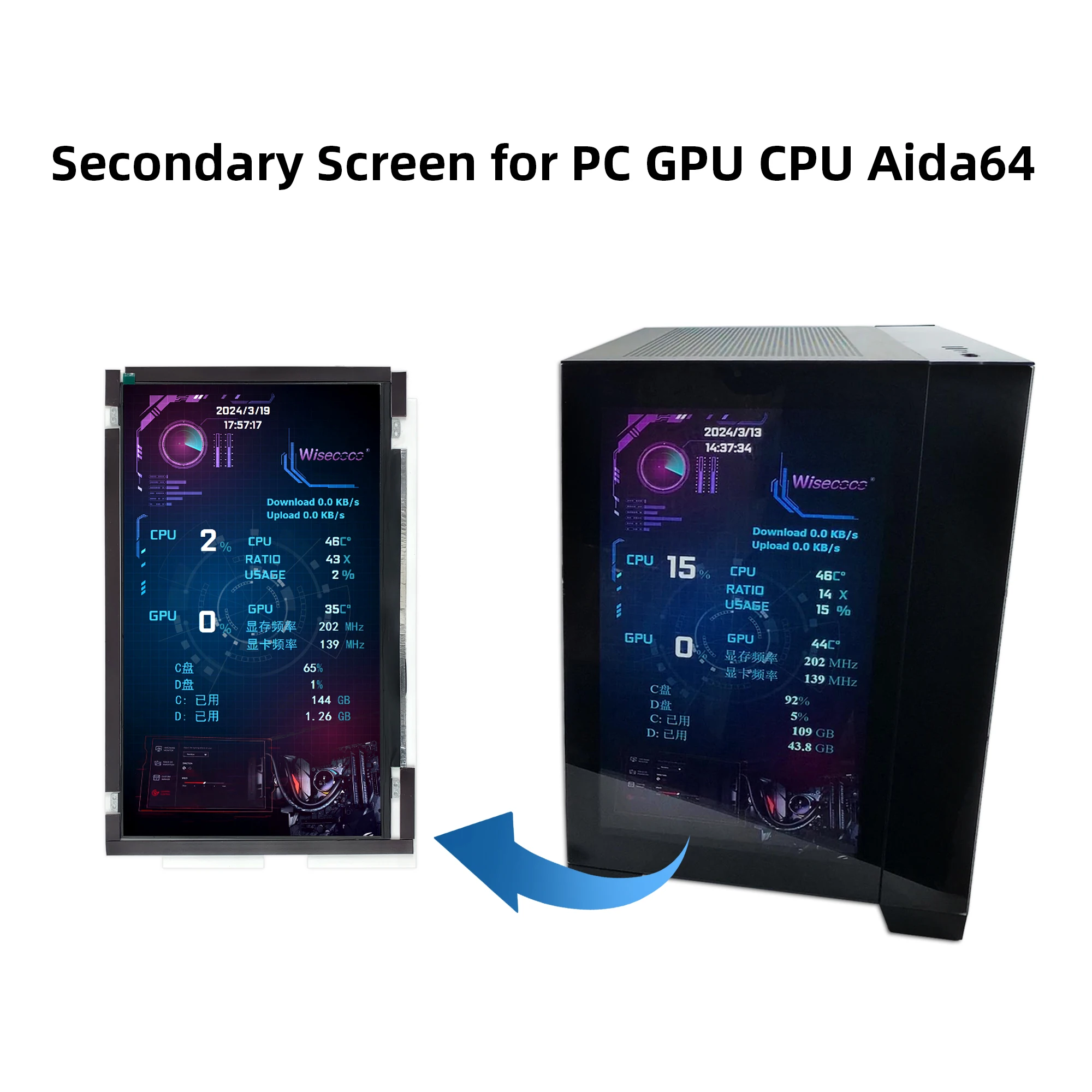 Imagem -06 - Wisecoco-monitor de Monitoramento Secundário Portátil para Jogos Velocidade Cpu Gpu Lianli O11 Mini Case Dinâmico 14 1920x1080 2k hd