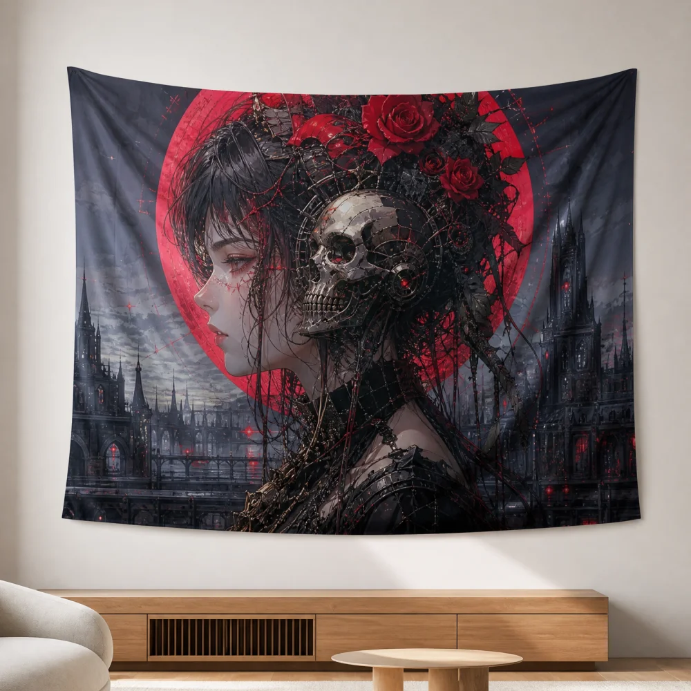 Red Moon Gothic Skull Rose Girl Tapestry 150X100CM Suitable for bedroom niche cool and personalized wall background fabric