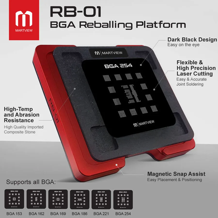 Martview RB-01 Reballing Stencil Tin Net Full Set for EMMC/EMCP/UFS BGA153/162/169/186/221/254 With Fixed Plate and Holder