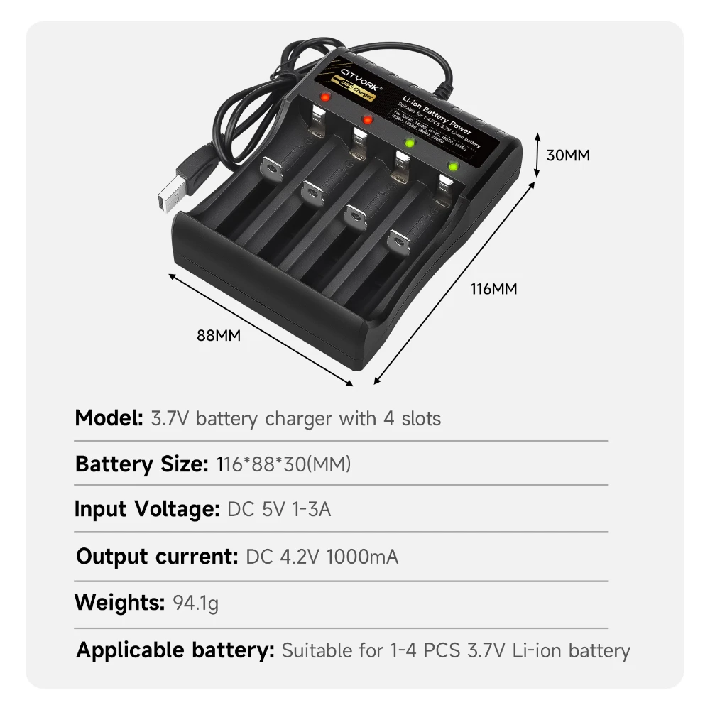 18650 リチウムイオン電池 3.7V、2400mAh、4 スロット独立チャンネル充電器付き、小型ファン、懐中電灯、電気玩具に使用