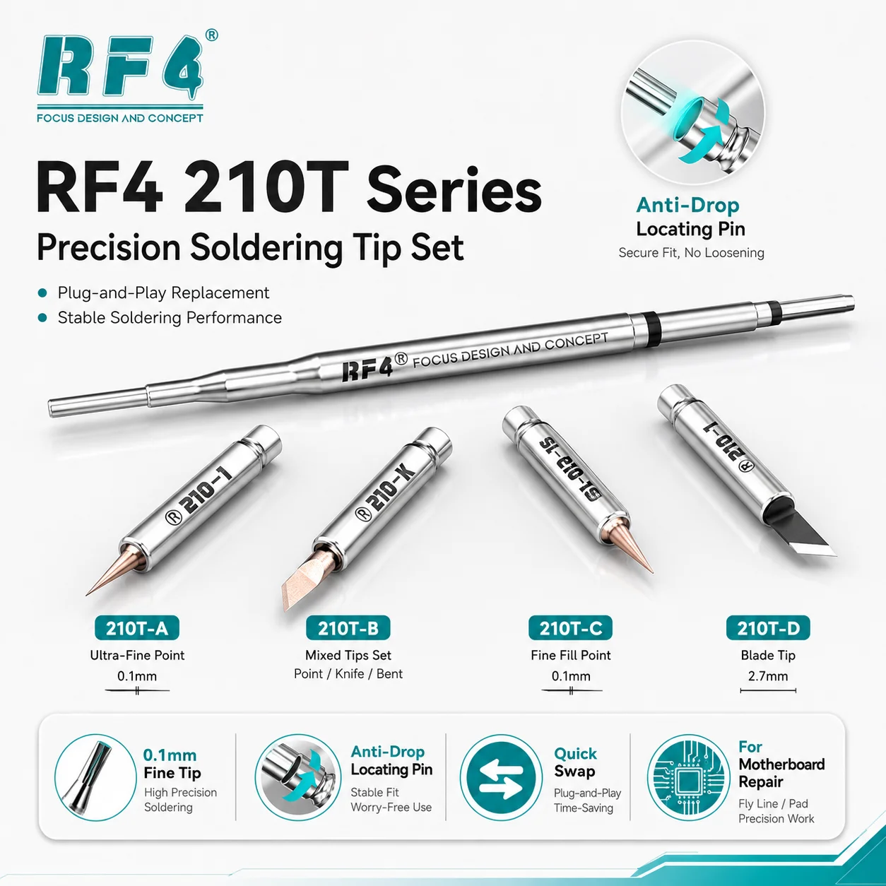 RF4 210T-A/B/C/D Replacement Soldering Tips High Heat Conductivity Quick Swap Iron Tips for Mobile Phone PCB Motherboard Repair