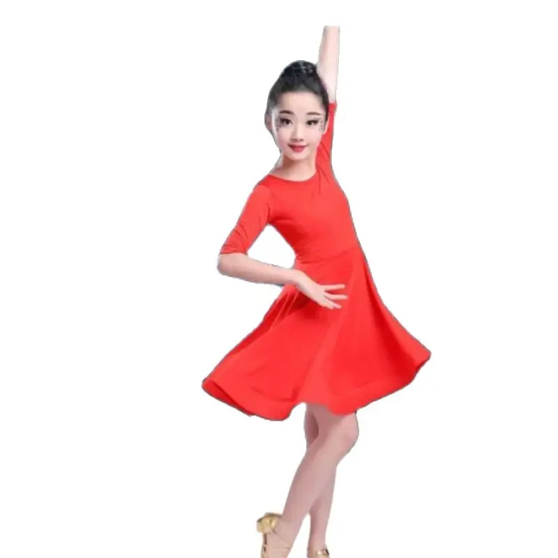 1pcs/lot Latin Dance Costumes Girls Modern Kids Latin Dancing Dress Childen Vestidos Tango Salsa o-neck solid dancing dress