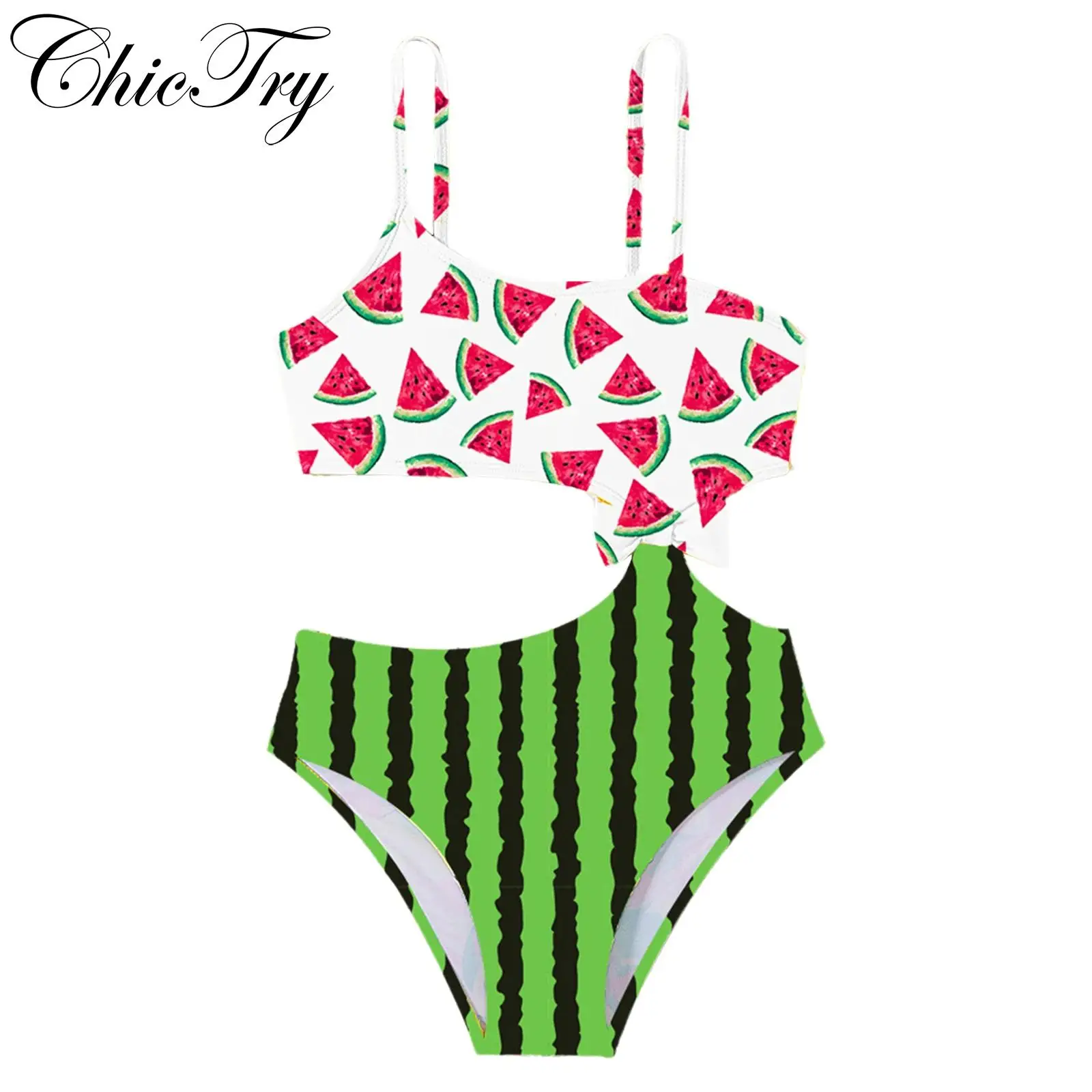 

Kids Girls Swim Leotard One Piece Swimsuit Beach Romper Tropical Graphic Cutout High Waisted with Bowknot Swimwear Bathing Suit