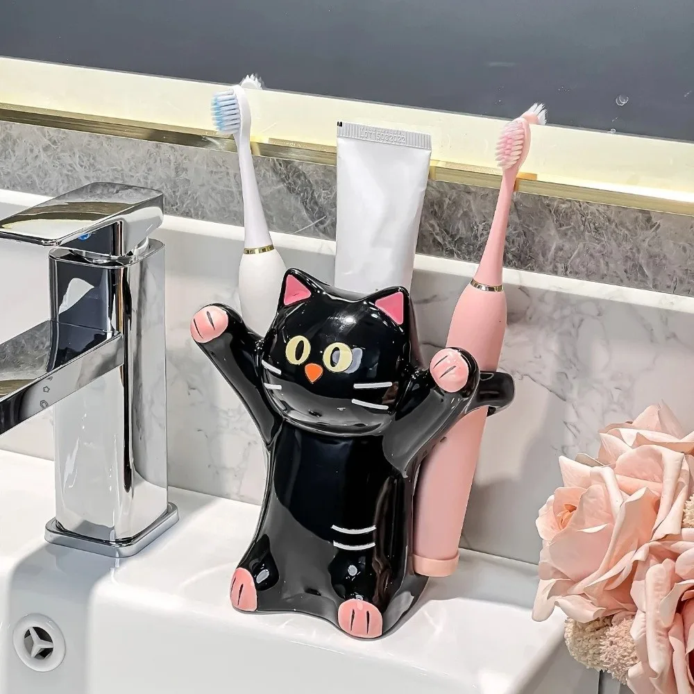 Image of Keramik-Katzen-Zahnbürstenhalter mit Rutschfester Basis, Cartoon-Tier Elektrische Zahnbürstenständer, Verspielter Ästhetischer Toilettenartikel-Organizer