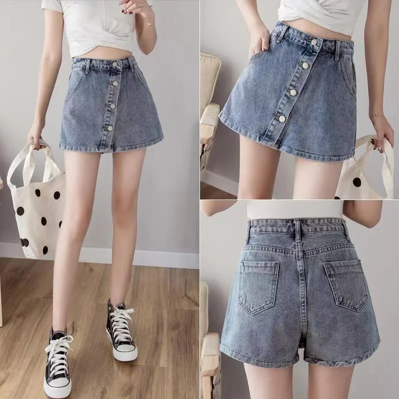 กระโปรง celana pendek DENIM ลำลองโอเวอร์ไซส์เอวสูงวินเทจของผู้หญิงสำหรับฤดูร้อน MODE Korea ทรงหลวมฮิตสำหรับผู้หญิงยีนส์ขาสั้นเข้ากับทุกชุด