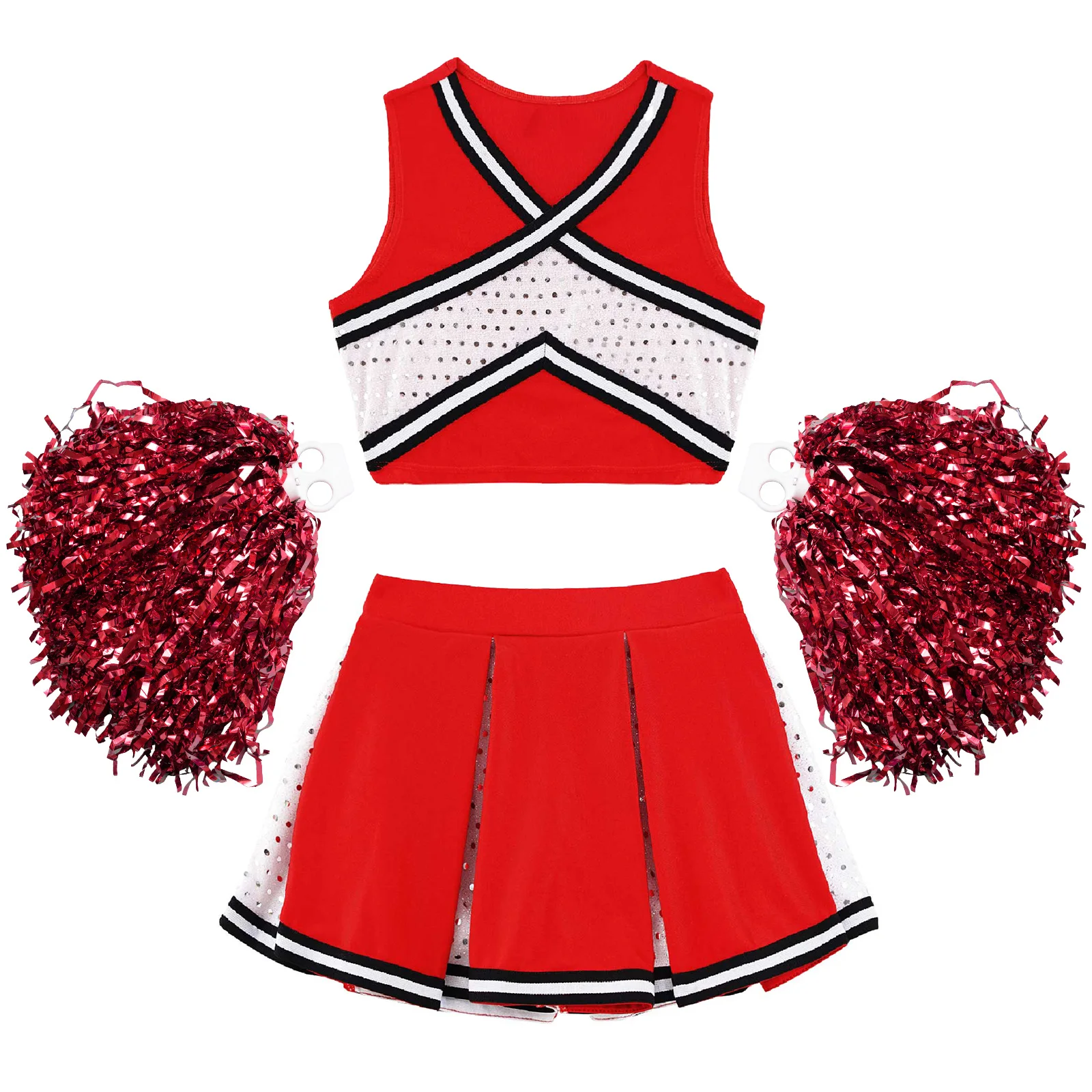 Uniforme de Cheerleading Listrado Feminino, Traje de Dança, Top Decote V Frente, Saia Plissada, Roupa De Bolas De Flores, Crianças, 2Pcs