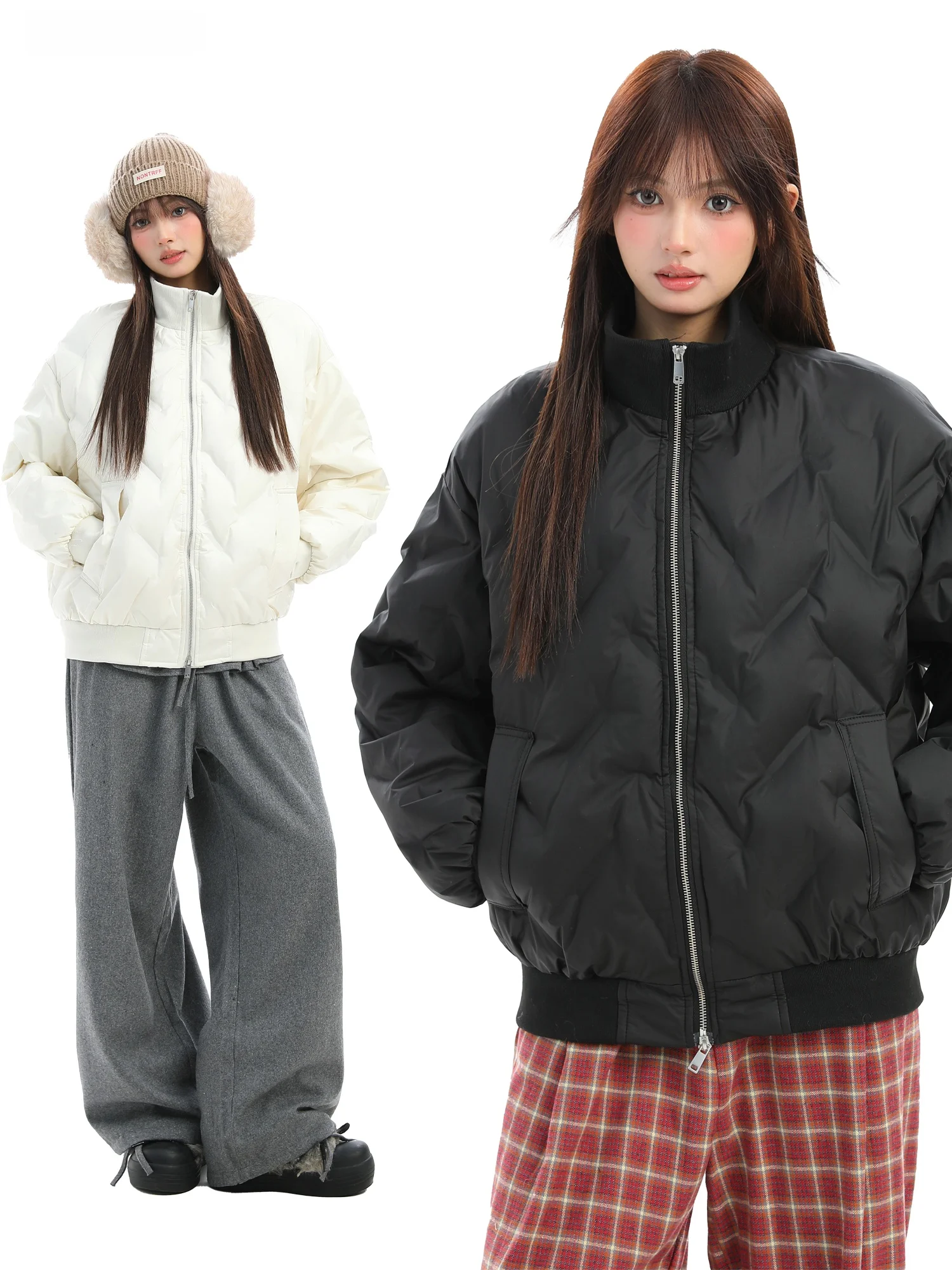 

Street Sle Casual Cotton Jaet Women's Warmth Collar Coat Couple Matching Loose Fit Zipper ket Polyester