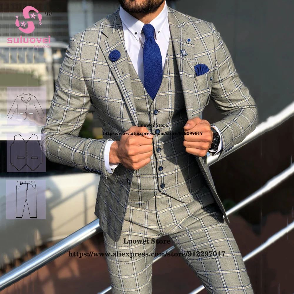 

Elegant Plaid Slim Fit Suits For Men Wedding 3 PCS Jacket Vest Pants Set Formal Groom Marry Party Check Tuxedo Vestidos De Novia