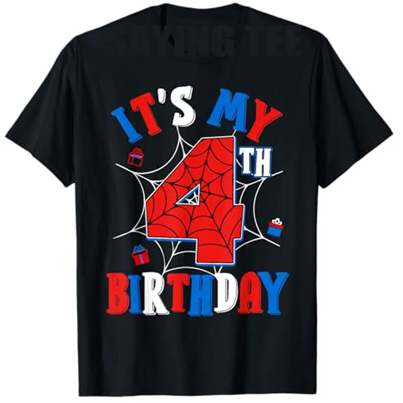 

Kids It's My 4th Birthday Spider Party Birthday Boys Girls T-Shirt Gift Humor Funny B-day Present Saying Tee Fashion Novelty Top