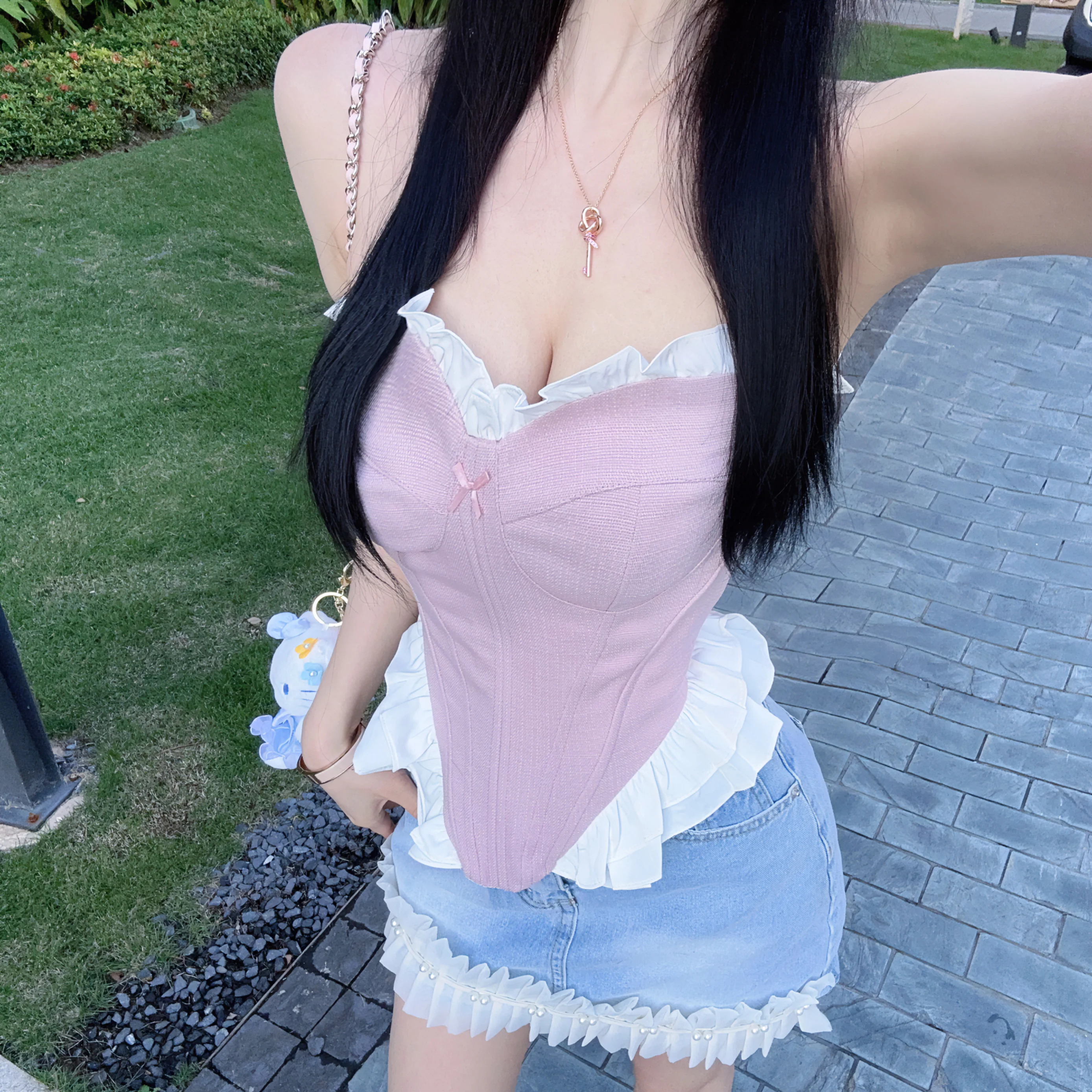 

Eva Sexy Lace Trim Fibone Waist Cinching Crop Top Women's Slimming Sweet Pure Desire Versatile ort Length Faionable Vest