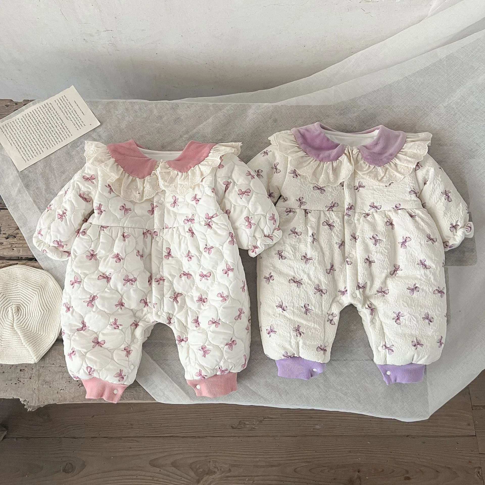 Winter New Baby Girl Cute Bow Romper Newborn Plus Velvet Thick Jumpsuit Infant Girl Winter Warm Padded Clothes