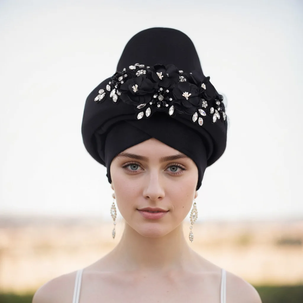 

Beautiful Women Head Wrap African Headtie Nigerian Gele Headties Flower with Beads and Stones Sewing Fabric for Party Wedding