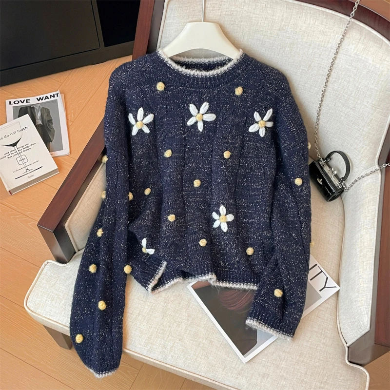 Bomon craft hook flower round neck long sleeve sweater Women 2024 autumn/winter new soft waxy flowers lazy wind gentle wind top