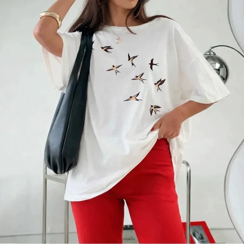 Korean Fashion Swallow Graphic Print Oversized Streetwear Short Sleeve American Vintage O Neck Summer Commuter Women Clothing