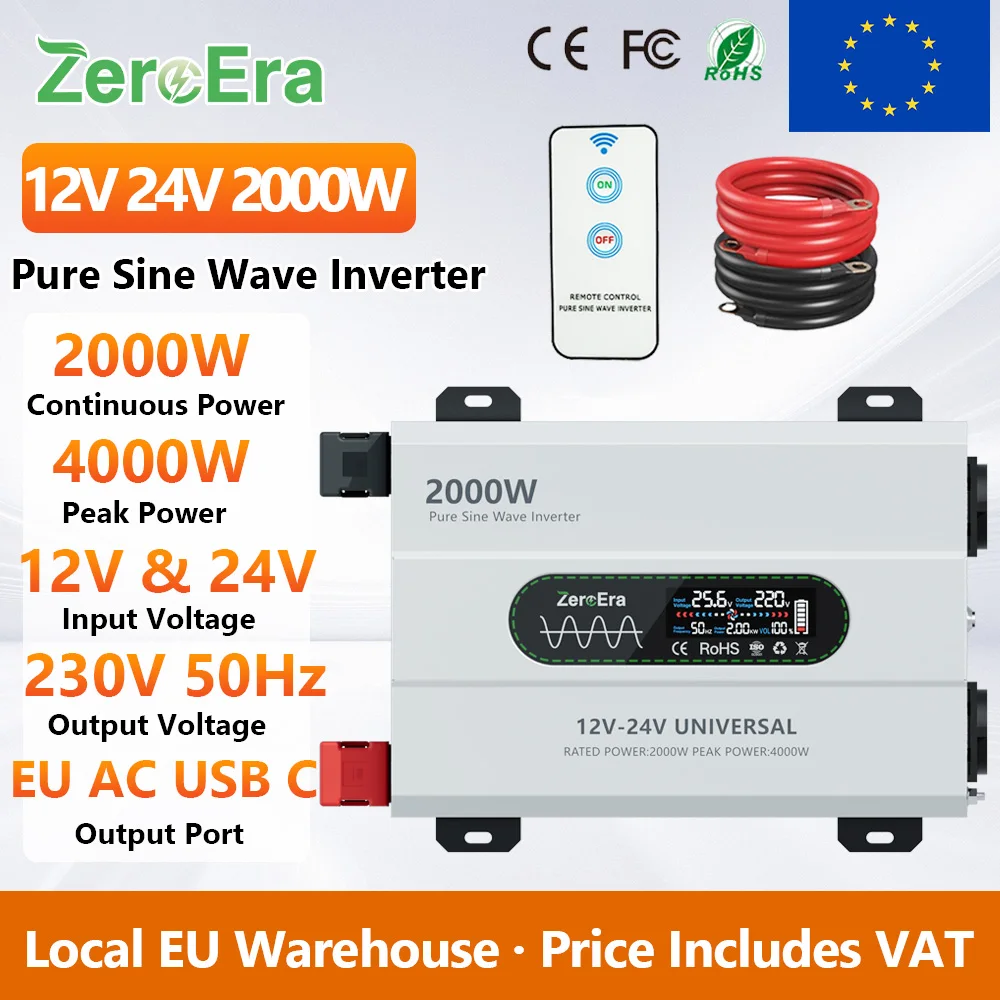 ZeroEra Reiner Sinus-Wechselrichter 12V 24V Dualspannung Universal 2000W Nennleistung bis 230V 50Hz mit Fernbedienung USB-C-Anschluss EU-Wechselstromsteckdose LCD-Bildschirm für LKW, Wohnmobil,