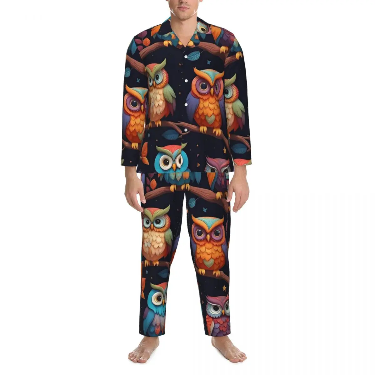 Leuke gewaagde uilpatroon pyjama heren Kawaii dagelijkse nachtkleding herfst 2-delige casual oversized grafische pyjamasets