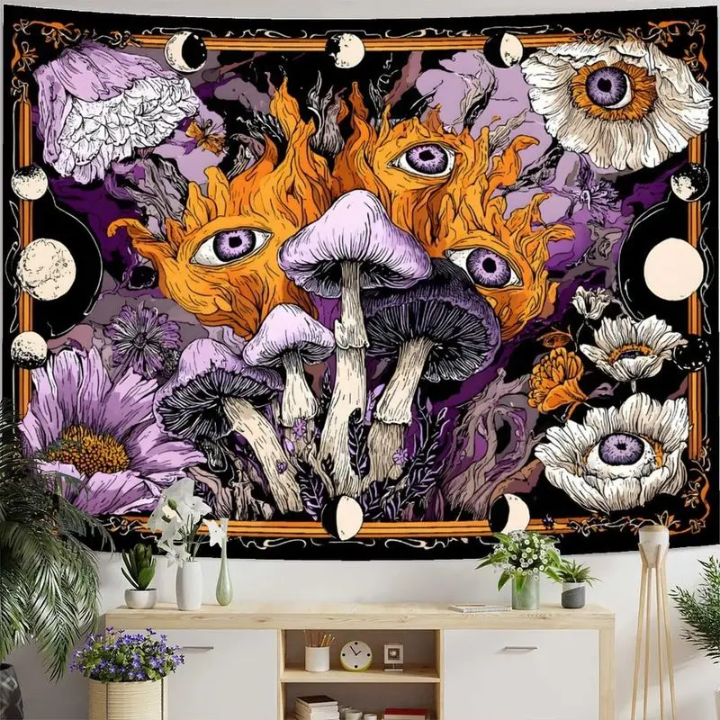 VIKAMA Moon Phase Purple Mushroom Eyeball Flowers Retro Tarot Tapestry, Witchy Wall Art for Bedroom Living Room