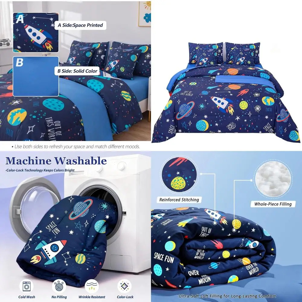 

Детский комплект постельного белья Space Rocket & Galaxy из 7 предметов с глубокими карманами, одеяло, которое можно стирать в машине, для декора спальни для мальчиков и Gi