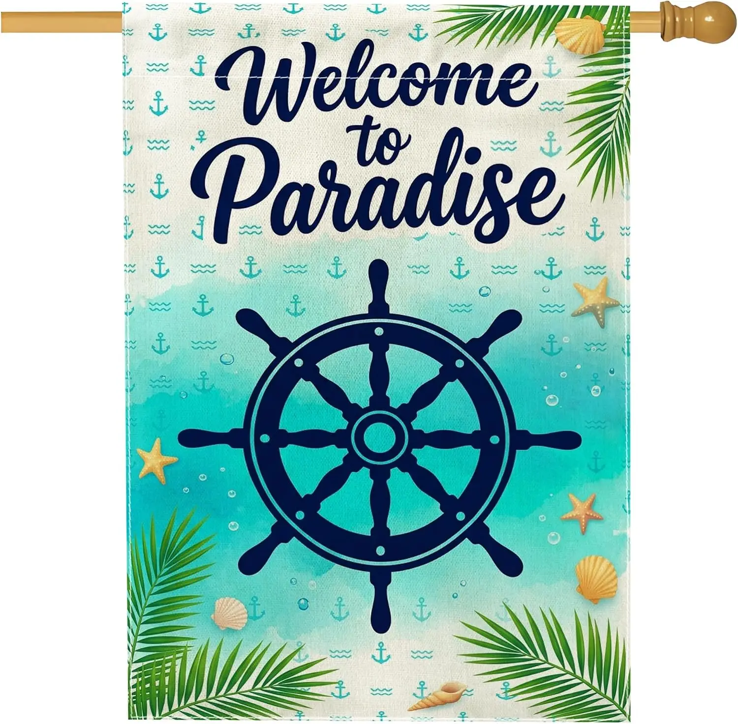 Ship Wheel House Flag, Coastal Tropical Palm Leaves Stars Summer Turquoise Double Sided Burlap Outside Large Garden Flag for yyi