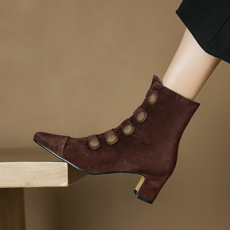 Women Ankle Boots Square Heel French Shoes Sheepsuede Spring Autumn Women Boots Side Zip Suede Leather Winter Shoes Round Toe